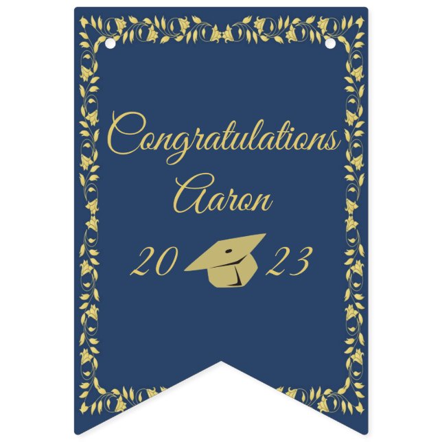 Classy Stylish Gold on Navy Blue Graduation Party Bunting (First Flag)
