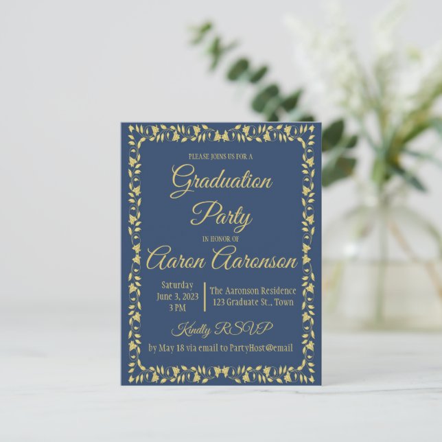 Classy Stylish Gold on Navy Graduation Invitation Postcard (Standing Front)