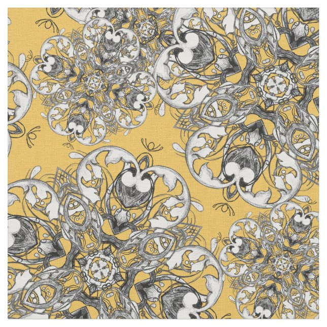 Classy Stylish Mustard Yellow Gothic Floral Print Fabric (Close Up)