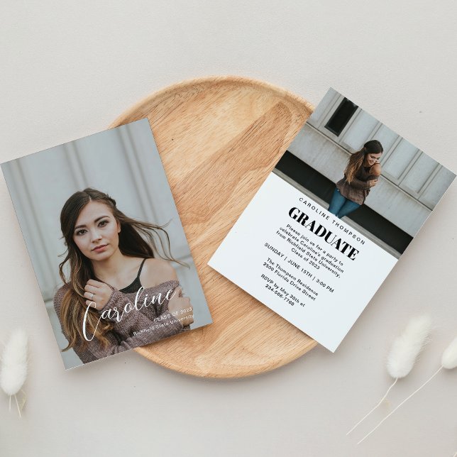 Classy Stylish Script Two Photo Graduation Announcement (Creator Uploaded)