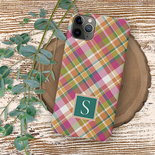 Classy Summer Orange Pink Teal Green Plaid Pattern Case-Mate iPhone Case (Creator Uploaded)