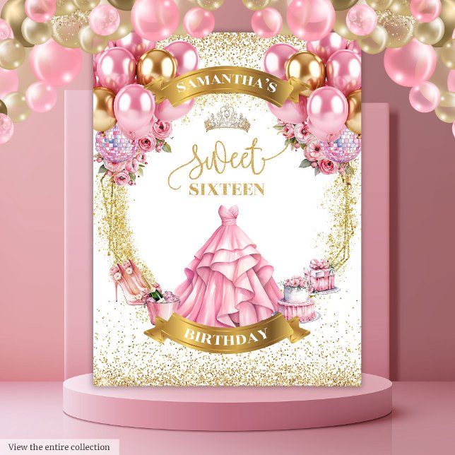 Classy Sweet Sixteen Banner Pink Dress Gold Sparkl Tapestry (Classy Sweet Sixteen Banner Pink Dress Gold Sparkle)