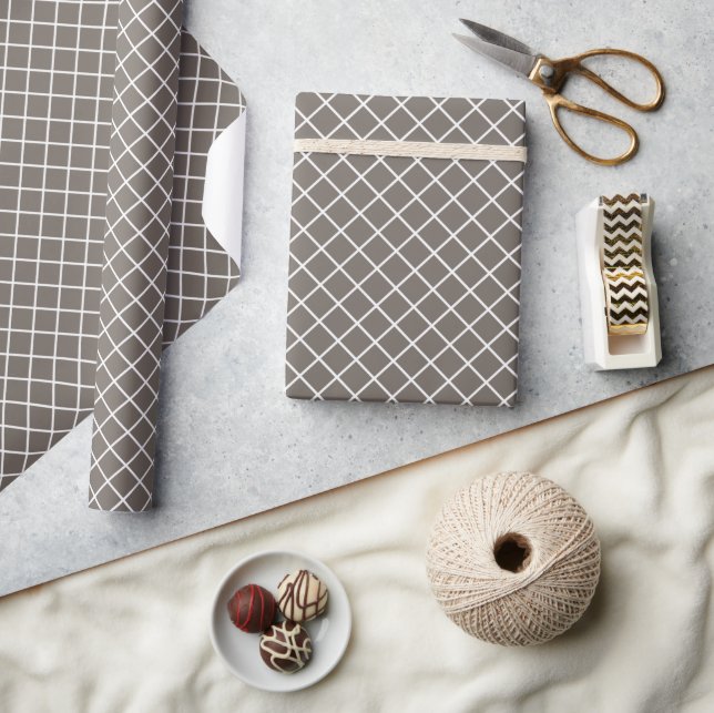 Classy Taupe Grey Brown White Check Pattern Wrapping Paper (Crafts)
