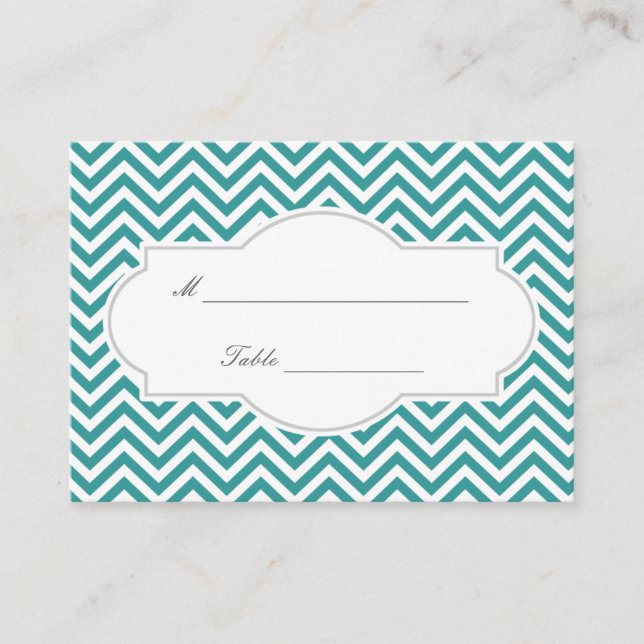 Classy Teal Chevron Stripes Wedding Place Card (Front)