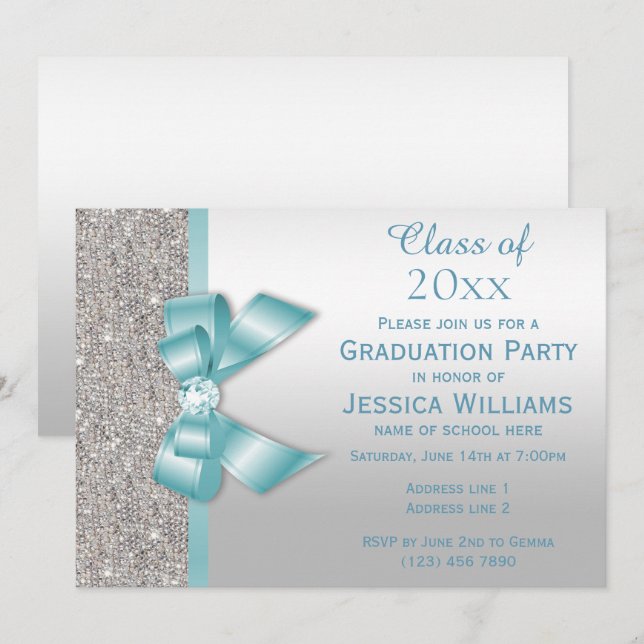 Classy Teal Gem Bow, Silver Sequins Graduation Invitation (Front/Back)