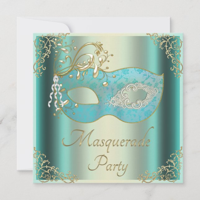 Classy Teal Gold Flourishes Mask Masquerade Party Invitation (Front)