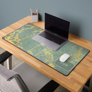 Classy Teal Marble Look with Name & initials Desk Mat