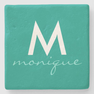 Classy Teal Monogram Stone Coaster