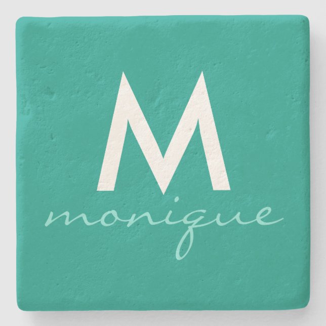 Classy Teal Monogram Stone Coaster (Front)