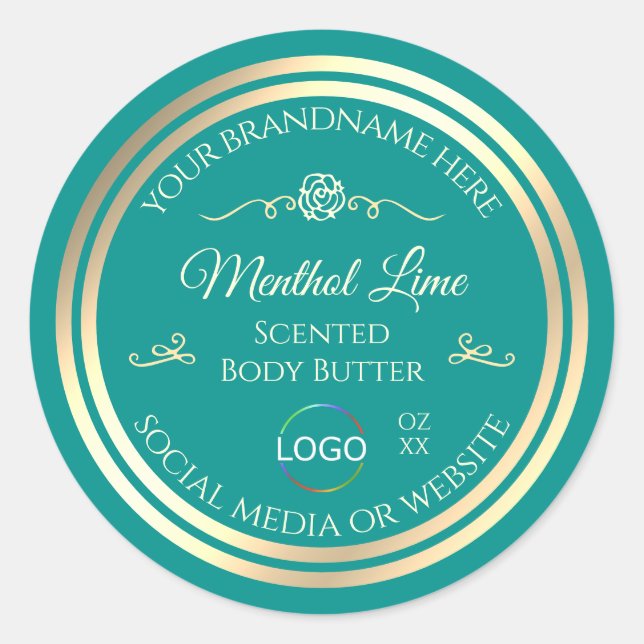 Classy Teal Product Label with Gold Frame and Logo (Front)