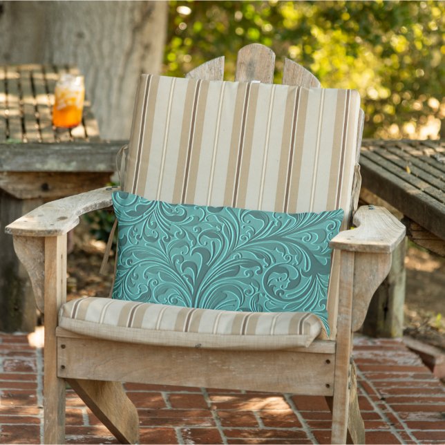 Classy Teal Turquoise Faux Leather Floral Pattern Lumbar Cushion (Chair)