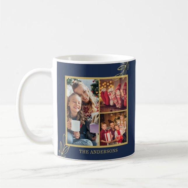 Classy Traditional 3 Family Photos Gold Blue Coffee Mug (Left)
