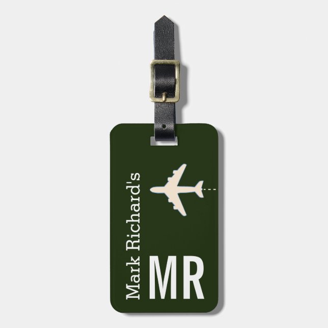 classy traveller name & initials stylish green luggage tag (Front Vertical)