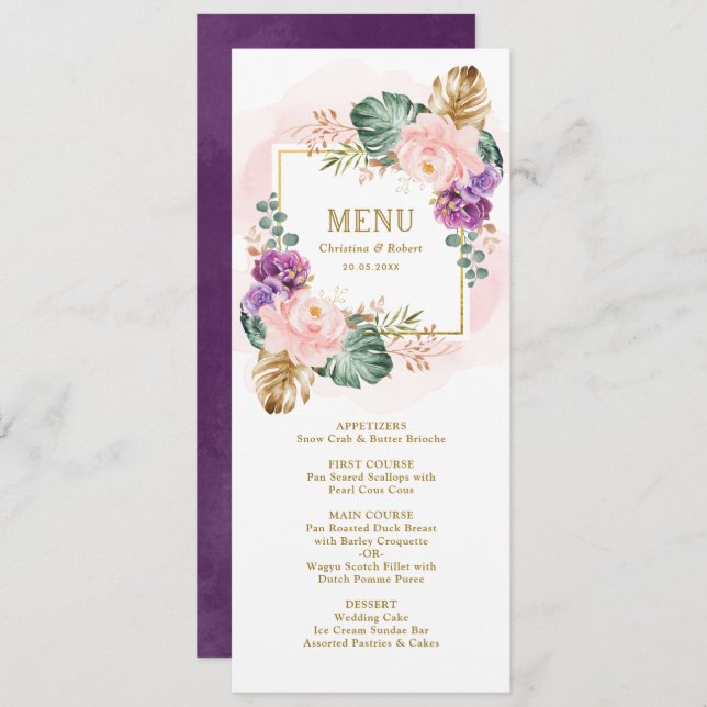 Classy Tropical Floral Blush Violet Wedding Menu Invitation (Front/Back)