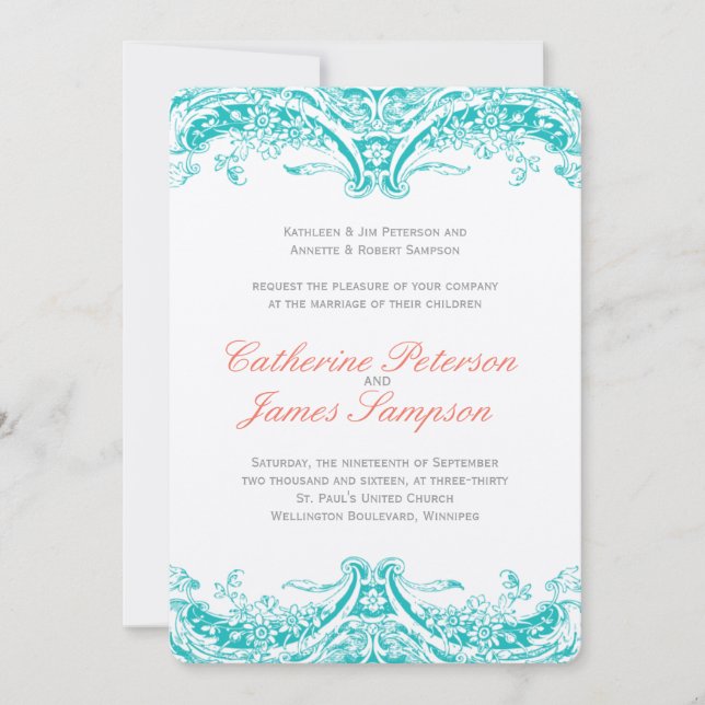 Classy Turquoise and Coral Wedding Invitations (Front)