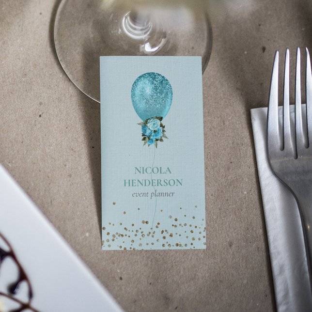 Classy Turquoise Balloon Glitter Event Planner Business Card (Creator Uploaded)
