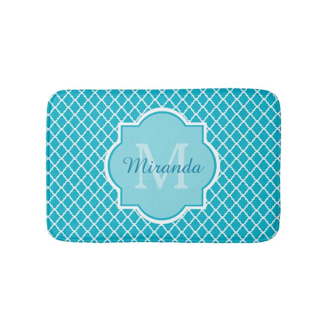Classy Turquoise Blue Quatrefoil Monogram and Name Bath Mat (Front)