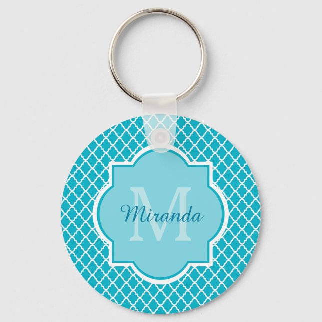 Classy Turquoise Blue Quatrefoil Monogram and Name Key Ring (Front)