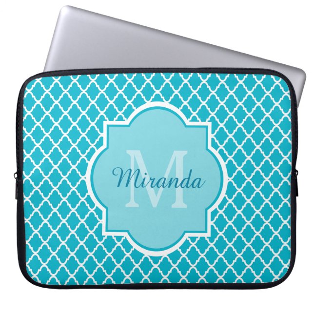 Classy Turquoise Blue Quatrefoil Monogram and Name Laptop Sleeve (Front)
