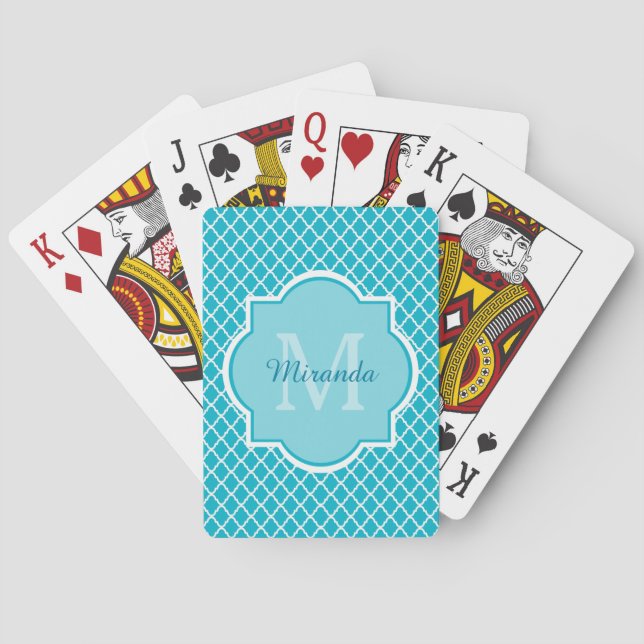 Classy Turquoise Blue Quatrefoil Monogram and Name Playing Cards (Back)