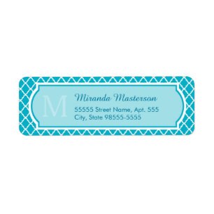Classy Turquoise Blue Quatrefoil Monogram and Name Return Address Label