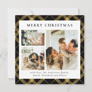 Classy Typography Black Gold Plaid Photo Christmas Holiday Card