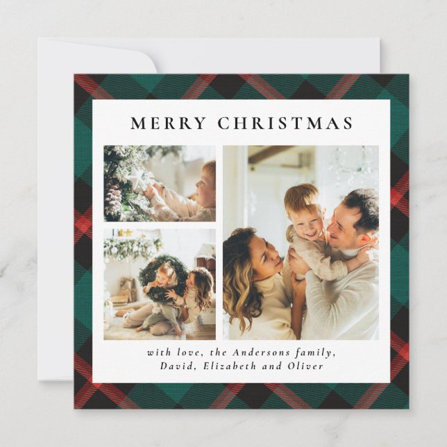 Classy Typography Green Plaid Photo Christmas Holiday Card (Front)