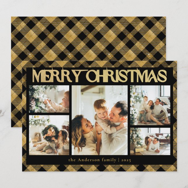Classy Typography Photo Collage Black Christmas Holiday Card (Front/Back)