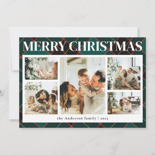 Classy Typography Photo Collage Green Christmas Holiday Card (Front)