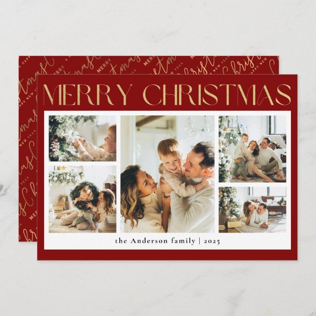 Classy Typography Photo Collage Red Christmas Holiday Card (Front/Back)