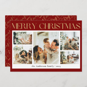 Classy Typography Photo Collage Red Christmas Holiday Card