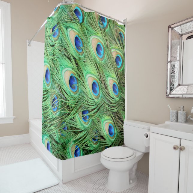 Classy Vibrant Peacock Feathers Shower Curtain (In Situ)