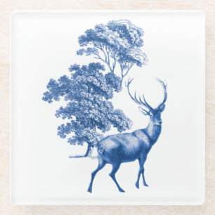 Classy Vintage Blue Toile Deer in Forest Glass Coaster