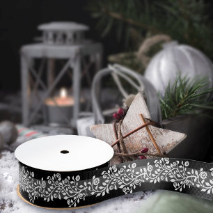 Classy Vintage Floral Elegant Black White Grey Grosgrain Ribbon