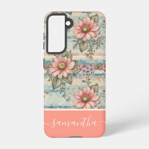 Classy Vintage Floral Pattern Peach Custom Name Samsung Galaxy Case