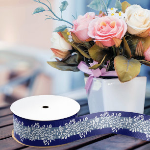 Classy Vintage Floral Print Boho Navy & Dusty Blue Grosgrain Ribbon