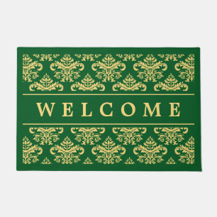 Classy Vintage Gold Green Damask Welcome Home Doormat