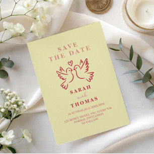 classy vintage pink yellow birds save the date holiday card