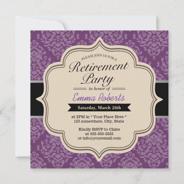 Classy Violet Damask Retirement Party Invitations (Front)