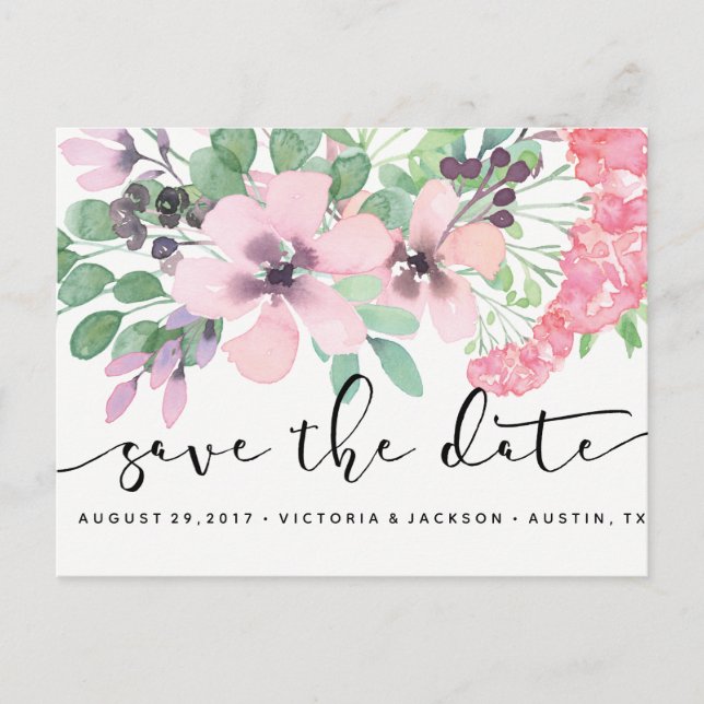 Classy Watercolor Pink flowers save the date Announcement Postcard (Front)