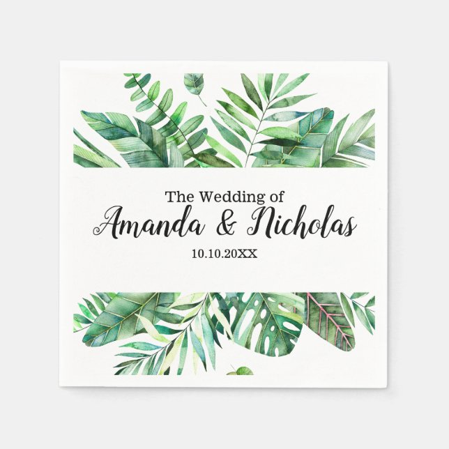 Classy Watercolor tropical leaves green Wedding Napkin (Front)