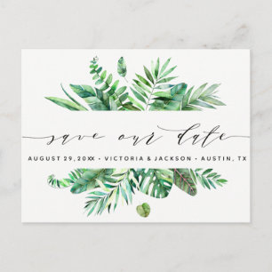 Classy Watercolor tropical leaves save our date v3 Announcement Postcard