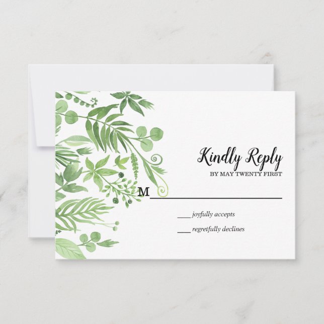 Classy Watercolor wild meadow green Wedding RSVP (Front)