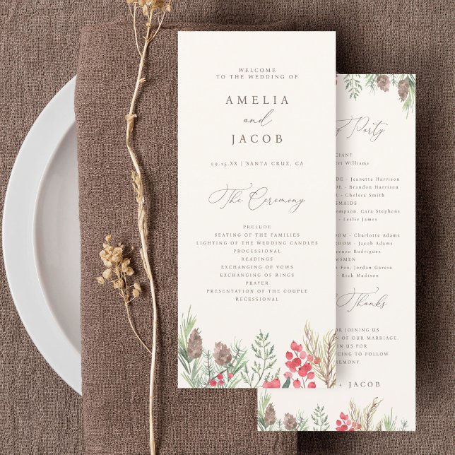 Classy Watercolor Winter Greenery Wedding Program (Creator Uploaded)