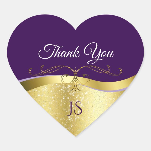 Classy Wavy Gold Decor on Dark Purple Thank You Heart Sticker (Front)