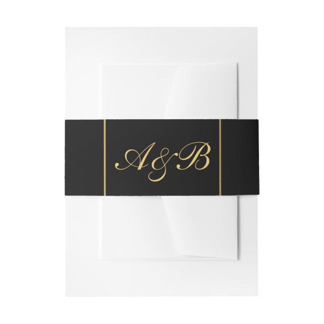 Classy Wedding Belly Band Gold Initials Black Invitation Belly Band (Front Example)