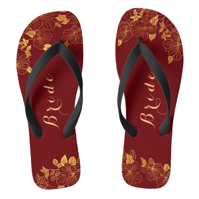 Classy Wedding Bride Deep Burgundy & Gold Foliage Thongs (Footbed)
