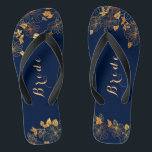 Classy Wedding Bride Deep Gold Foliage Navy Blue Thongs<br><div class="desc">These classy wedding bride gold foliage navy blue flip flops have a dark blue background that is adorned with an intricate gold floral greenery pattern and customisable modern typography. The combination of the rich navy and the shimmering gold create an elegant and luxurious aesthetic. View the collection on this page...</div>