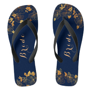 Classy Wedding Bride Deep Gold Foliage Navy Blue Thongs