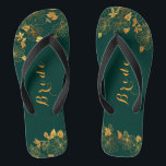 Classy Wedding Bride Emerald Green & Gold Foliage Thongs<br><div class="desc">These classy wedding Bride emerald green and gold foliage flip flops feature golden foliage pattern and modern typography on timeless dark green background. View the collection on this page to find matching items. ♥Customise it with your information. ♥ If you want to change the font style, colour or text placement,...</div>